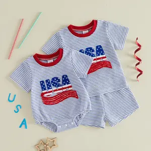 Babamoon Kids Toddler Baby Boys 4th of July Outfits Sets Waffle Short Sleeve Letter USA Embroidery Romper/Tops T shirt Striped Shorts Independence Day Clothes Set