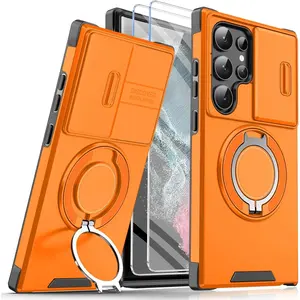 Heavy Duty Case for Samsung Galaxy S22 Ultra Case Military Grade Shockproof Rugged S22 Ultra 5G Phone Case for Samsung Galaxy S22 Ultra Protective Cover with Ring Magnetic Kickstand (Orange)