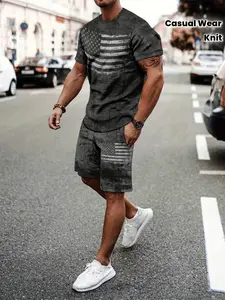 Men's Summer Casual 3D American Flag Set, Lightweight Polyester, Round Neck, Short Sleeve Shorts, Dynamic Color Design