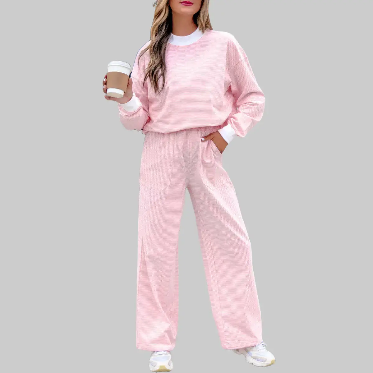 Women's 2-Piece 95%Cotton Pink Stripe Color Block Set - Ribbed Mock Neck, Long Sleeve Comfortable Sweatshirt, Elastic Drawstring Wide Leg Pants with Pockets, Casual Outfit