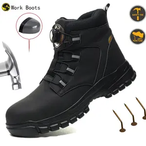 New Rotary Buckle Waterproof Safety Boots Men Indestructible Steel Toe Work Boots Anti-smash Stab-resistant Safety Shoes Construction Work Shoes Black Worker