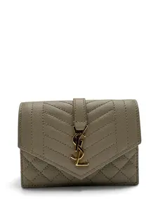 Pre-owned Yves Saint Laurent GRAINED LEATHER Small Leather Goods YSL MONOGRAM QUILTED LEATHER ENVELOPE WALLET BEIGE