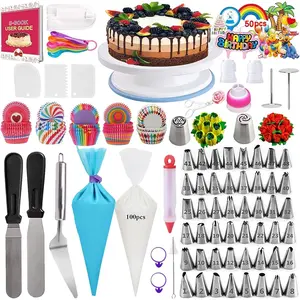 322 count Cake Decorating Kit with Cake Turntable, 48 Numbered Icing Piping Tips, 100 Pastry Piping Bag, 3 Spatulas, 3 Comb Scrapers, 3 Comb ScrapersPaper Cupcake Liners, Cake Baking Supplies