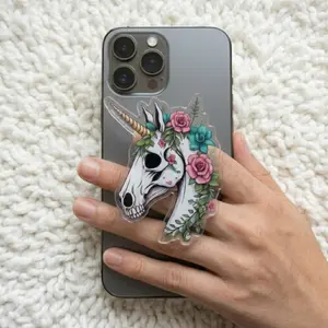 Pink Skull with MagSafe Phone Grip, Horror Aesthetic Magnetic Phone Holder, Kawaii Scary Fan Gift , Kindle Accessories sticky Baby mount Library Card Flower-Shaped Multi-Functional Stand Universal Car Double-Sided Octo Adjustable Portable