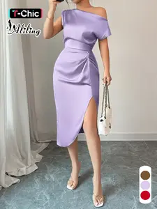 Aliling Summer Elegant Chic Formal Women's Solid Color Dress, Asymmetrical Shoulder, Midi Length, High Waist, Perfect for Dates and Evening Events
