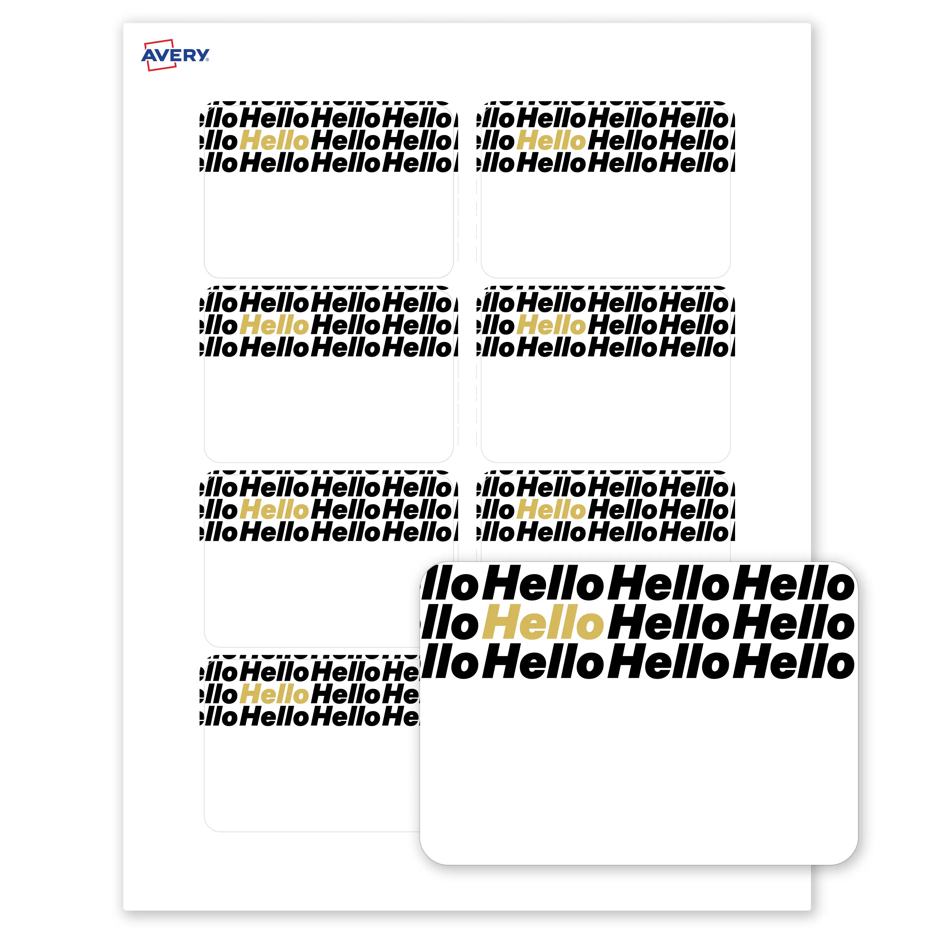 Avery® Printable Adhesive Name Tags, 2-1/3" x 3-3/8", Pre-printed Metallic Gold & Black Hello Pattern Design, 80 Total, Great for Meetings, Events, and More
