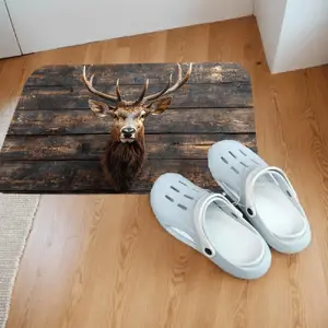 1pc Rustic Deer Head Doormat - Realistic Wood Background Design, 100% Polyester with Non-Slip Rubber Backing, Machine Washable Indoor/Outdoor Entryway Mat, Christmas Home Decor Gift Idea, Deer Home Decor, Kitchen Floor Mat