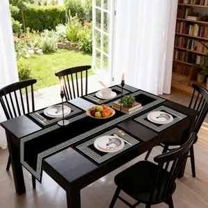 Geometric Greek Key Design Placemats And Table Runners Black Dining Tablecloth Dresser Scarf For Family Holiday Wedding Party Decoration