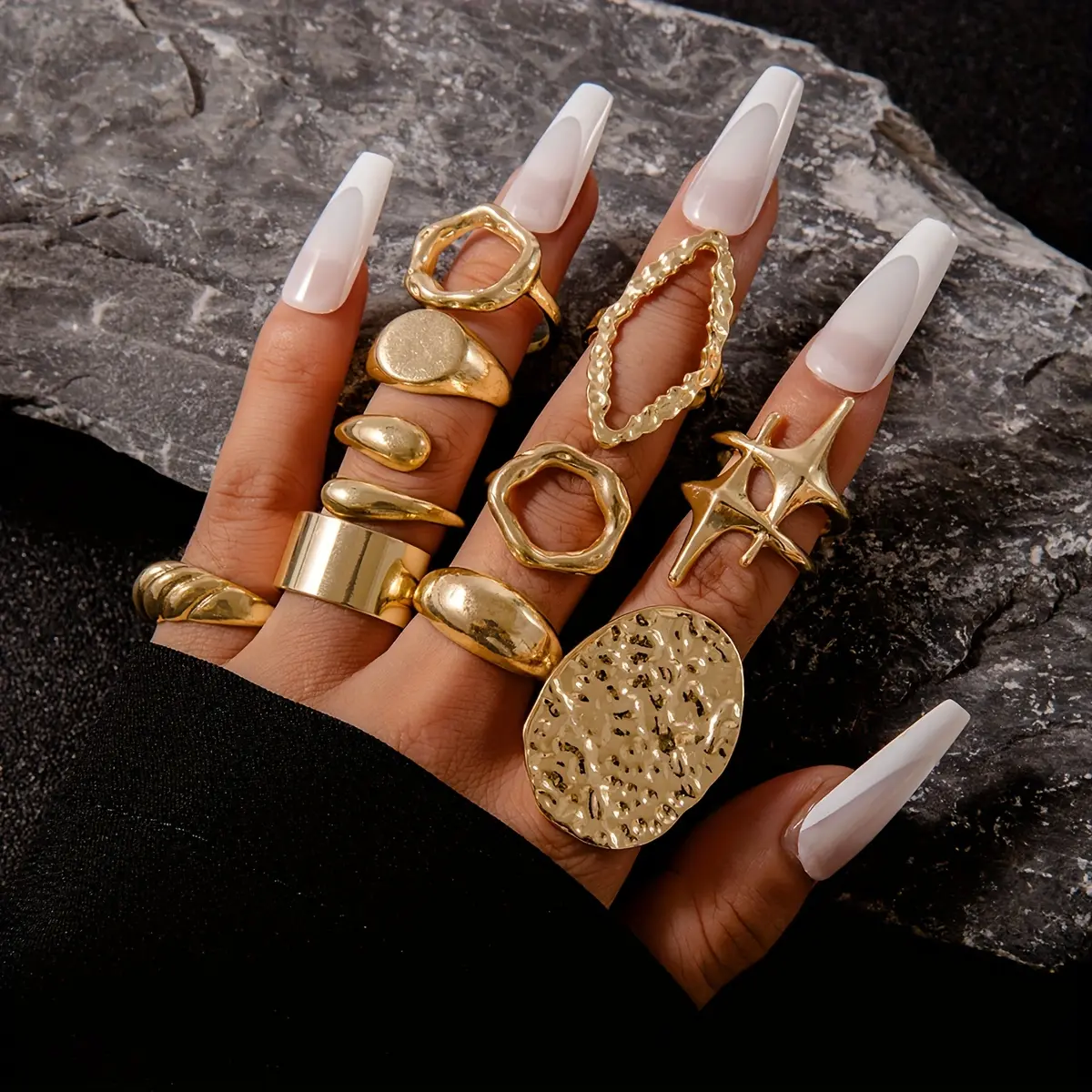 10PCS Chic Exaggerated Golden/Silvery Rings Star & Hollow Designs Punk Women Rings Set Vintage Geometry Gothic Women's Ring Accessories Party, Proms, Music Festivals, And Holiday Wear Accessories Jewelry