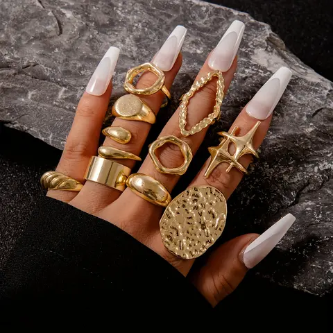 10PCS Chic Exaggerated Golden/Silvery Rings Star & Hollow Designs Punk Women Rings Set Vintage Geometry Gothic Women's Ring Accessories Party, Proms, Music Festivals, And Holiday Wear Accessories Jewelry