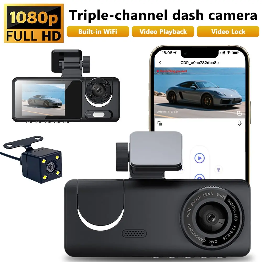 3-Channel 1080P Full HD Dash Cam, Multi Camera Dashcam, Dashboard Camera Recorder with Front, Rear & Interior Cameras, 24/7 Parking Mode, G-Sensor, WiFi, Loop Recording, 256GB Max Storage, for Car, SUV, Truck, Triple Dash Cam
