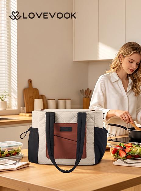 LOVEVOOK Lunch Box for Women, Quilted Insulated Lunch Bag Tote with 40oz Water Bottle Holder, Large Leakproof Cooler Bag for Women with Shoulder Strap, Work Office Nurse Teacher Picnic Travel