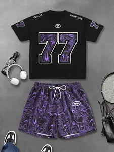 New Fashion 2-Piece Colorblock Set, American Street Style Number 77 Print T-Shirt + Design Short Pants, Casual Daily Wear