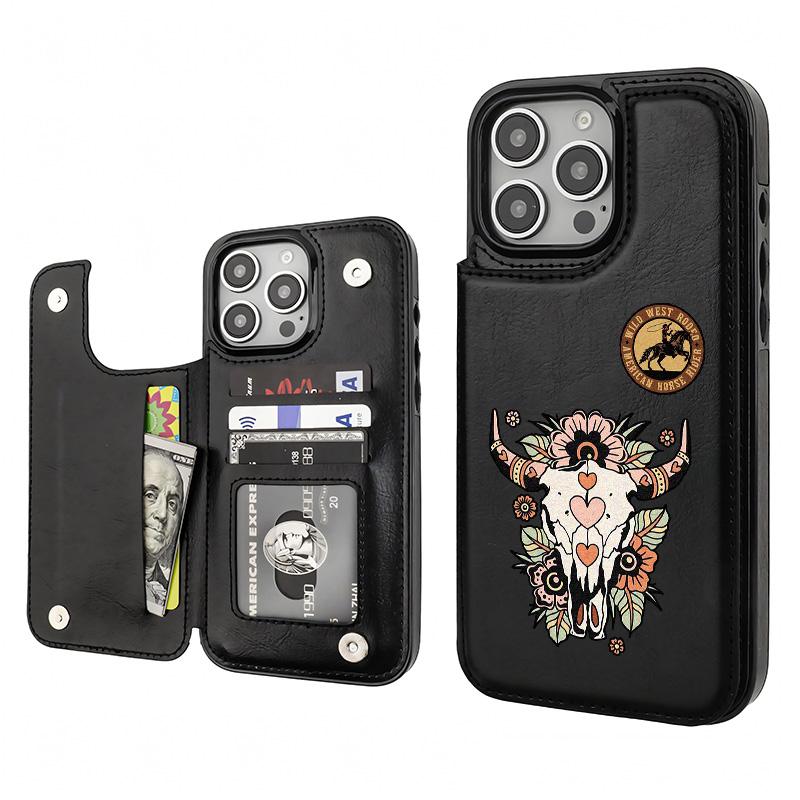 Trendy Creative Unique Retro Western Cowboy Pattern  Holder Wallet Aesthetic Pattern Black Casing For iphone 16 15 14 13 12 PRO PLUS MAX PU Leather Stylish Gift Shockproof Protection Anti-Drop Protective Protector Phone Cases Shell Cover