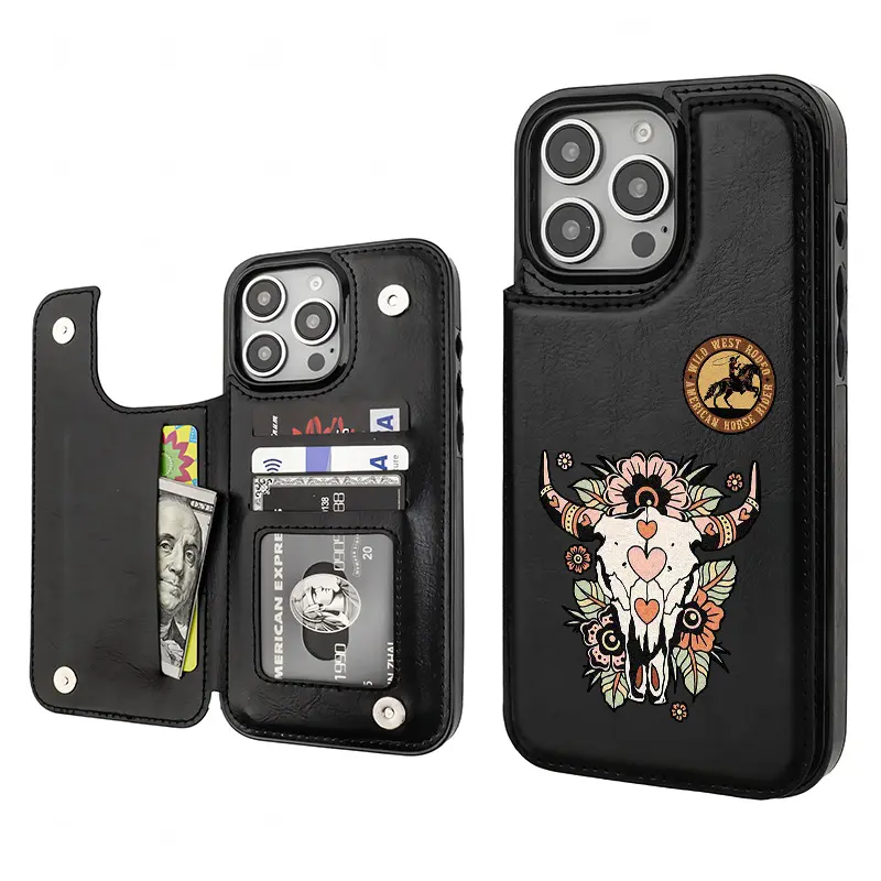 Trendy Creative Unique Retro Western Cowboy Pattern  Holder Wallet Aesthetic Pattern Black Casing For iphone 16 15 14 13 12 PRO PLUS MAX PU Leather Stylish Gift Shockproof Protection Anti-Drop Protective Protector Phone Cases Shell Cover