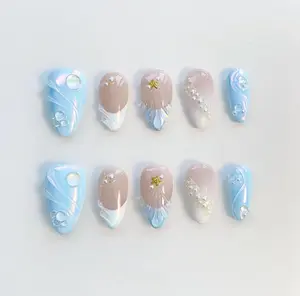 Baby Blue Press on nails short almond nails/3D Shell nails/Blue Nails/Pearl White Nails/Kawaii Nails/Holiday nails/Spring nails/French nails Satamiis