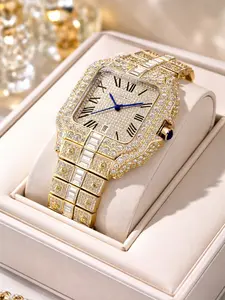 Men's 42mm Square Face Gold Diamond Iced-Out Baguette Strap Bustdown Watch, Roman Numeral Dial, Waterproof Luxury Hip Hop Accessory, Boss-Style High-End Everyday Wear Fashion Watch, Roman Numerals