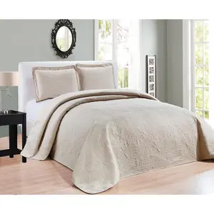 Beautiful Over Sized Beige Solid Color Embossed Floral Striped 3 Piece Queen/Full Size Coverlet Bedspread (Queen/Full, Beige)