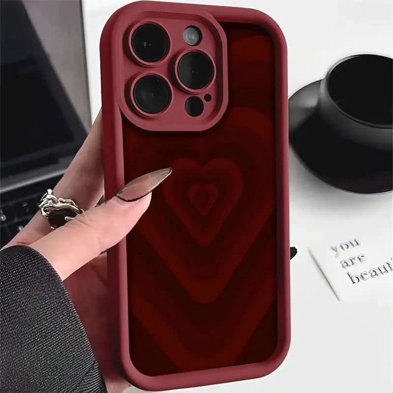 Silicone Shockproof Smartphone Casing Accessories - Minimalist Wine Red Romantic Gradient Heart Pattern, 2D Printing, TPU Lens Protection, Durable Soft Cover, Valentine's Day Gift, Compatible with iPhone 17 Pro Max,16,16e,15,14 Plus,13,12 Mini,11,Air,X,XS