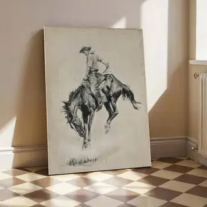 Western Wall Art Print – Cowboy Riding Bucking Bronco, Vintage Rustic Style, Classic American Artwork for Home Decor