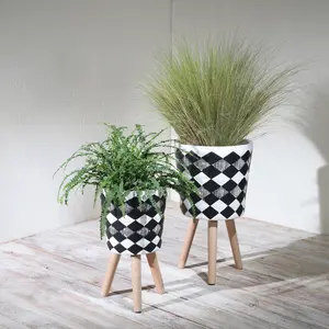 YYDS S/2 10/12" DIAMOND PLANTER W/ WOOD LEGS, BLACK(KD)