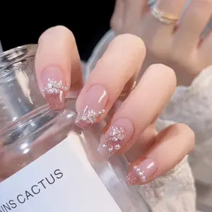 24pcs Square Wearable False Nails, Flower Pearl Cute Diy Nail Art, Pure Desire Glitter Nail Stickers, Includes Tool Kit, Nail Art Supplies