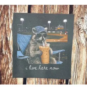 Funny Raccoon Baseball T-Shirt, I Live Here Now, Baseball Lover Tee, Funny Ballpark Graphic T Shirt, Fan Gift, Game Day Shirt