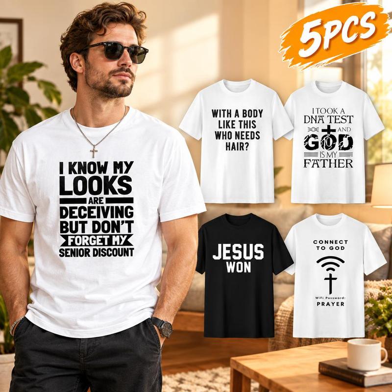 5 Pack Men's Graphic T Shirts, Funny Christian Faith Printed Short Sleeve Tees, TikTok Viral Casual Crewneck Tees Bundle for Men