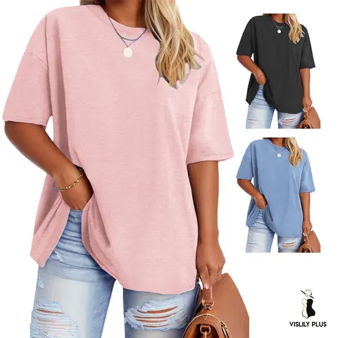 Vislily Women's Plus Size Basic Tunic T-Shirt - 2XL-6XL, Soft Breathable Lightweight Rayon Blend Fabric, Casual Short Sleeve Crew Neck Loose Fit Beach Layerable Essential Top VPS0147