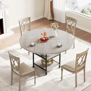 Garvee Round dining table, 4-6 seats, round wooden table with sturdy base and storage function, dining room and living room, space-saving, gray