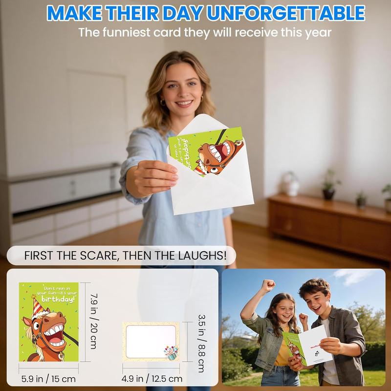Funny SHAKING & MUSICAL Birthday Cards for Women Men, Hilarious Horse-Themed Pop Up Bday Card with Envelope & Note Card for Friends Coworkers, 5.9 x 7.9 Inches