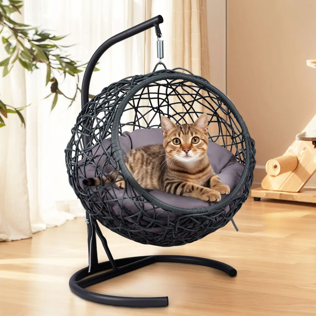 [Bellemave] Cat Swing Bed with Stand & Cushion, Cat Egg Chair with Rattan Wicker Appearance, Indoor Hanging Swinging Cat Bed for Cats, Small Dogs, and Small Animals