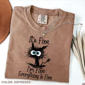 Comfort Colors It's Fine I'm Fine Everything Is Fine Shirt, Cute Black Cat Tee, Cute Season Gifts, Christmas Clothing, Women Top