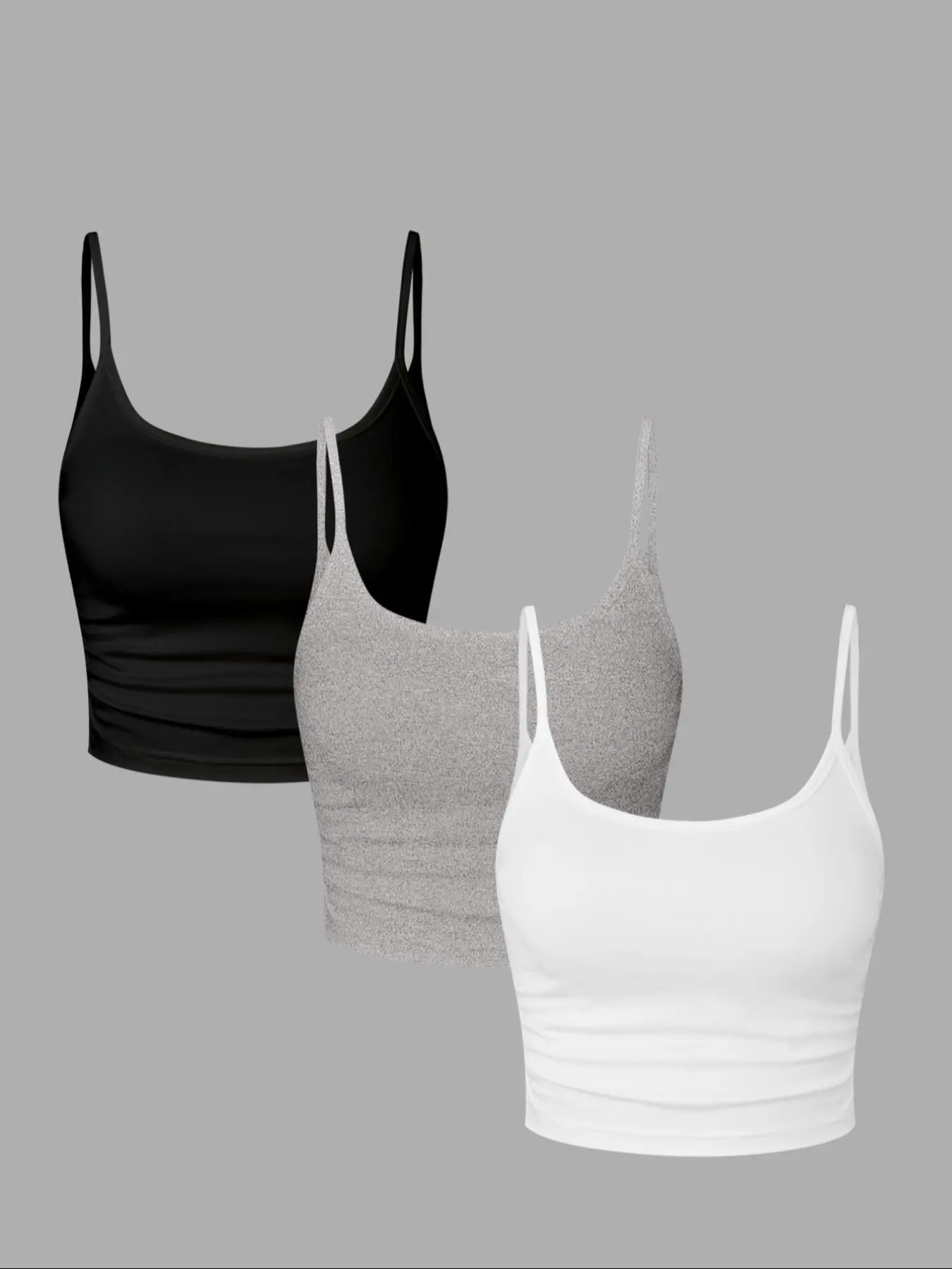 3 Piece Set Slim-Fitting Crop Tops Spaghetti Strap in, Heather, Casual Backless Ruched Tanks for Spring Summer Fashion Womenswear Backless Slim Cami