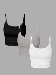 3 Piece Set Slim-Fitting Crop Tops in, Heather, Casual Backless Ruched Tanks for Spring Summer Fashion