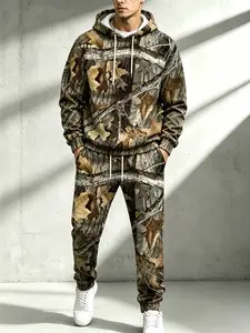 Men’s two-piece set: hooded sweatshirt and athletic pants, 3D realistic tree camouflage with numeric print; casual outdoor sportswear for everyday wear.