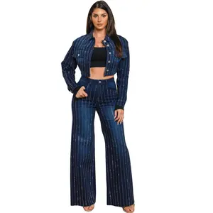 Rhinestones striped denim set