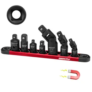 Universal Joint Socket Reducer Set: 7-Piece Impact Wobble U Joint & Adapter Set with Magnetic Aluminum Storage Rail Premium Cr-V Steel 1/4", 3/8" & 1/2" Drive U Joint and Adapter Set