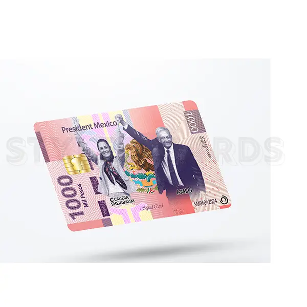 1000 pesos of claudia y amlo credit card skin/sticker
