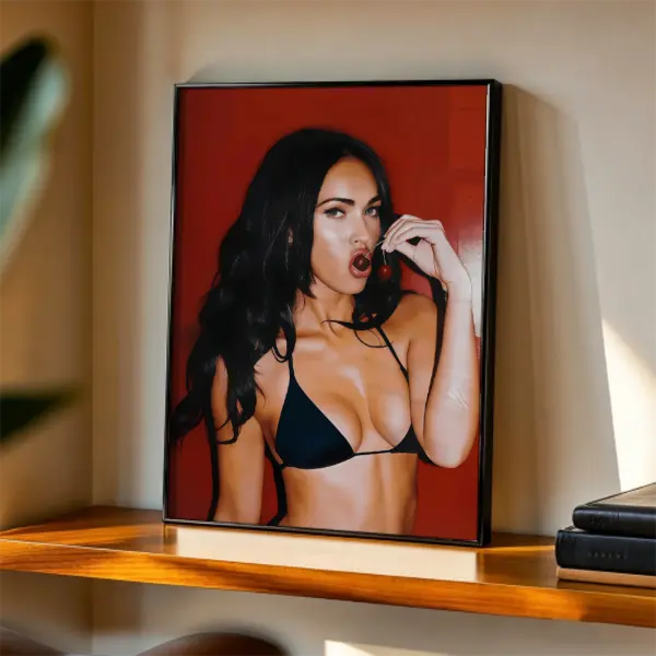 Megan Fox Pop Art Poster, Cherry Portrait Wall Art Print, Trendy Red Background Canvas, Modern Aesthetic Room Home Decor