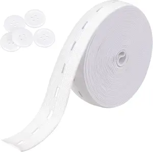 Elastic Band for Sewing, 3/4 Inch Elastic String Strap Cord with Buttonholes High Elasticity Knit Bands Spool Pant Waist Tightener with 5PCS 18mm White Buttons, DIY Craft Supplies (White,5.5 Yards)