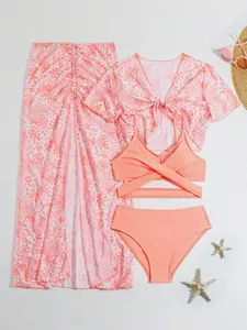 Teen Girls 4pcs Criss-Cross Bikini Set & Tropical Print Cover Up - Summer Beach Pack
