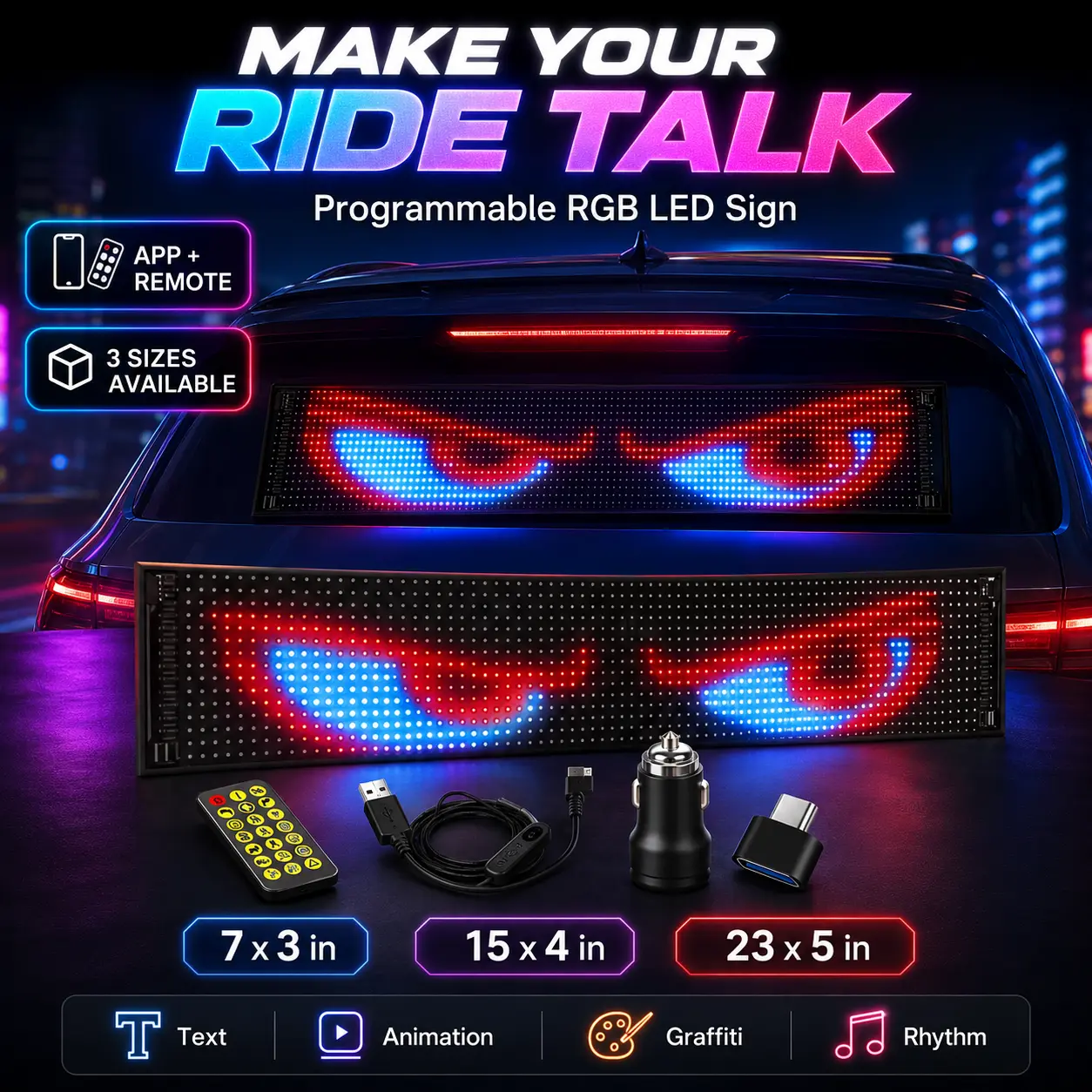 Programmable RGB LED Car Sign, Flexible Matrix Display with App & Remote Control, Scrolling Text, GIFs, Devil Eyes & Music Rhythm, USB Powered for Rear Window, Store, Food Truck & Party, 7×3/15×4/23×5 in
