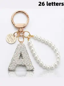 Silver Color Letter Keychain for Women Girls, Pearl Wristband, Unisex Gift, Unique Design, Daily Use, Birthday Holiday Special Occasion, Rhinestone Keychain