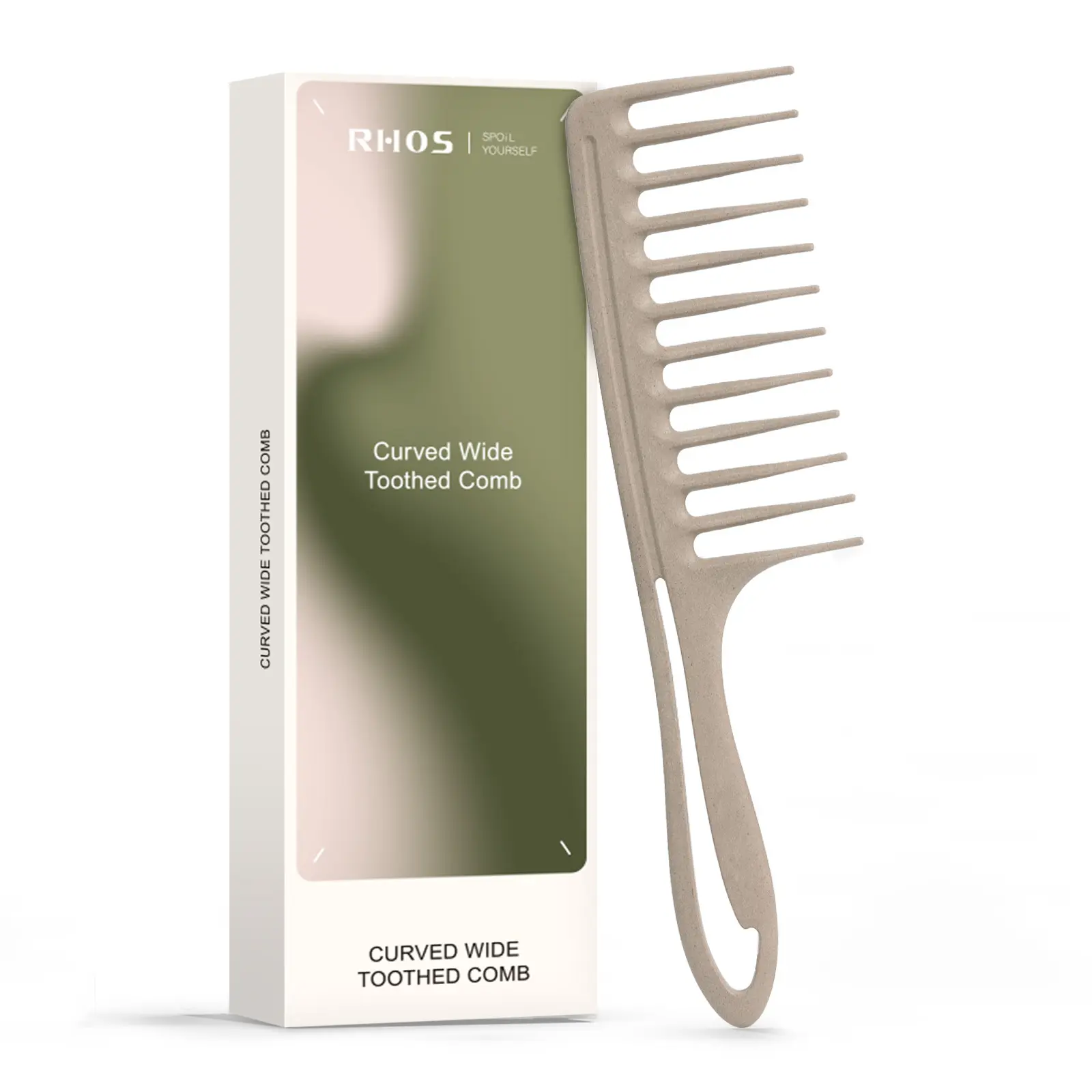 RHOS Tea-Based Hair Styling Comb for Females - Unscented Wide-Tooth Anti-Static Detangler, Feather-Light Bioplastic, Smooth Glide for Thick Curls & Frizz Control, Wet/Dry Shower Use, Even Hair Treatment Distribution (Light Grey)