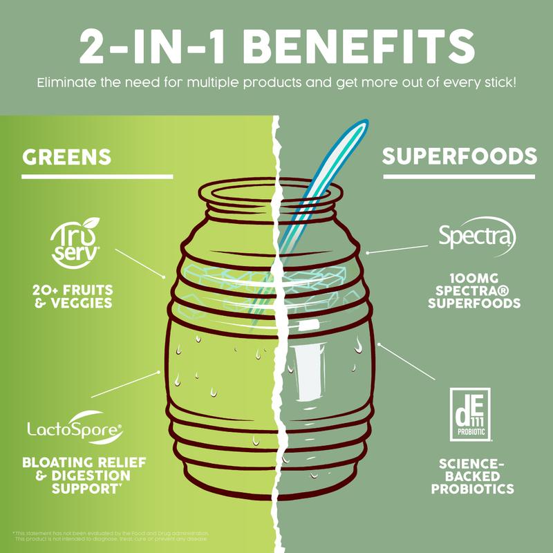 Salud 2-in-1 Greens Powder + Superfood Drink Mix Packets, 20+ Fruits and Veggies, Probiotics, Prebiotics, Supports Digestive Health, Bloating Relief, Vegan, Green Apple (15 Servings)