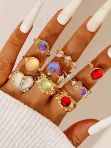 Fashion Vintage Ring Set, Irregular Alloy Rings Nine-Piece Set, Colorful Simulated Crystal Agate Lava Rings, Daily Wear Birthday Gift