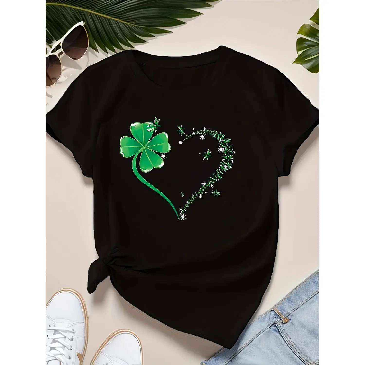Women's AllSeason Casual Round Neck TShirt Featuring StPatrick's Day Clover and Valentine's Heart Prints Machine Washable Fashion Top festive number loose fit women st shirt glock fitting bake mama vintage cottont obersized dragon blusas over size