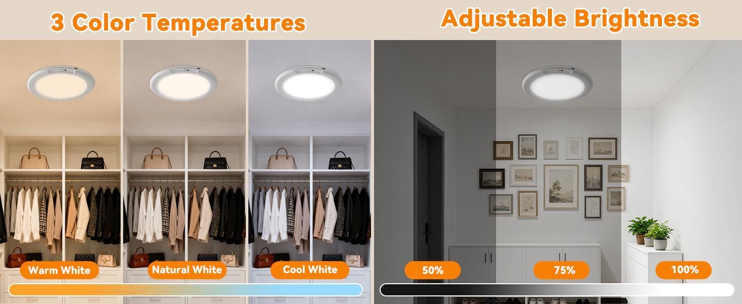 Rechargeable Ceiling Light 2Pack, 3 Color Motion Sensor Lights with Remote, Wireless Closet Light Battery Operated, Magnetic Dimmable LED Lights for Shower Pantry Shed Hallway Porch Garage Stairs lamp