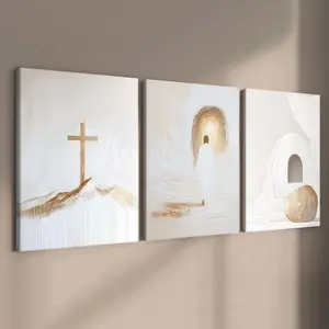 3-Piece Wooden Frame Canvas, Modern Jesus Cross Trio Decorative Poster, Waterproof Wall Art for Living Room, Bedroom, Office